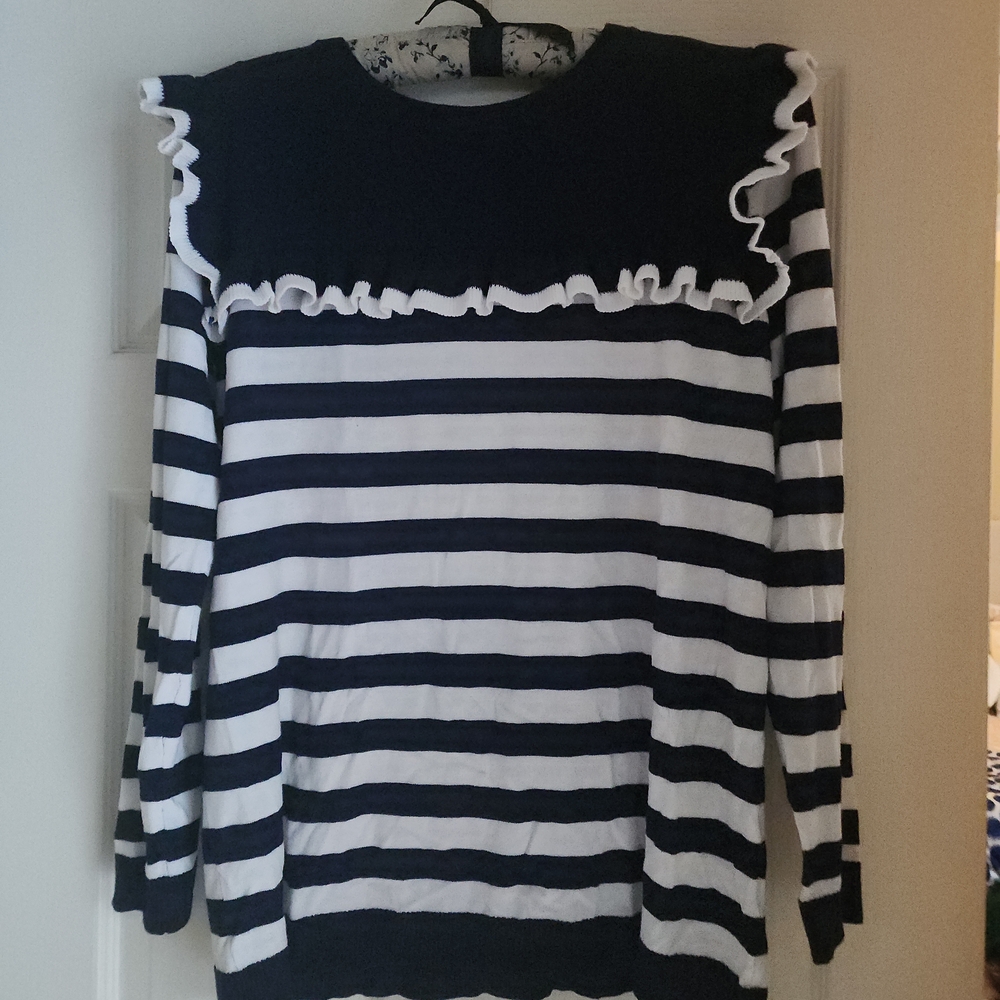 Eloquii Navy and White Striped Ruffle Sweatshirt